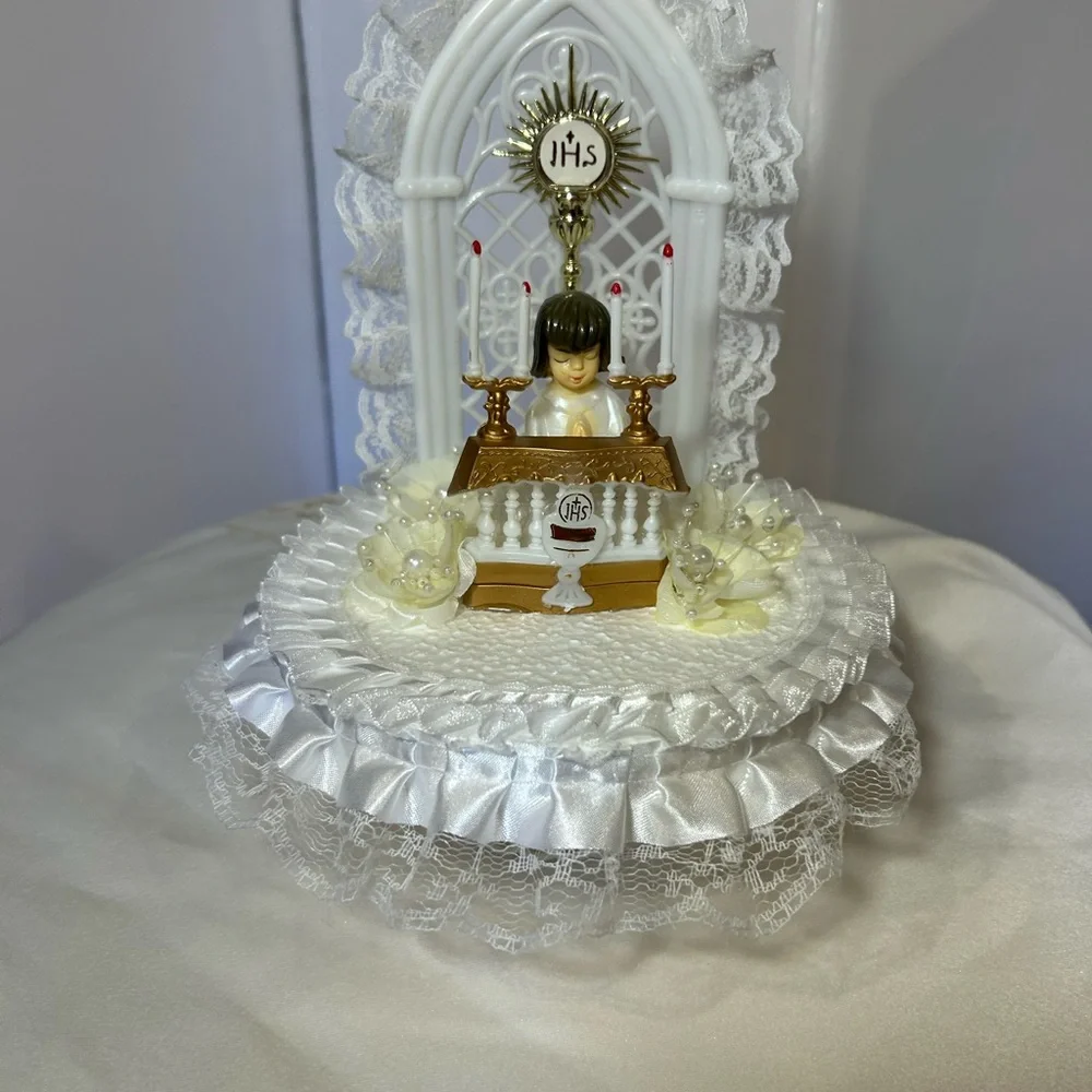 Elegant White and Gold Communion Cake Topper